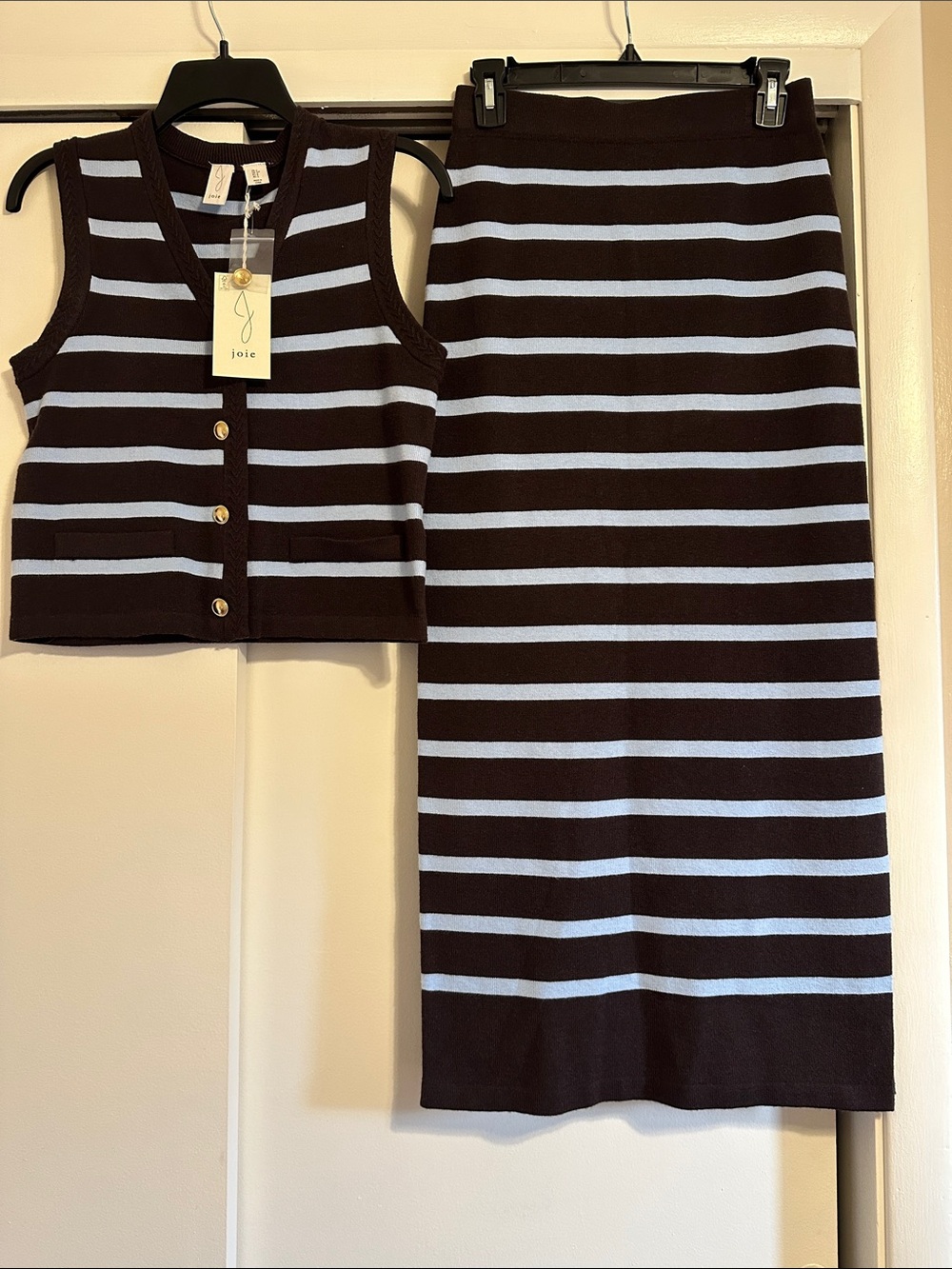 Joie Brown and Light Blue Striped Knit Vest & Skirt Set